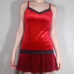 Bright Red Velvet & Lace Lined Tank Top